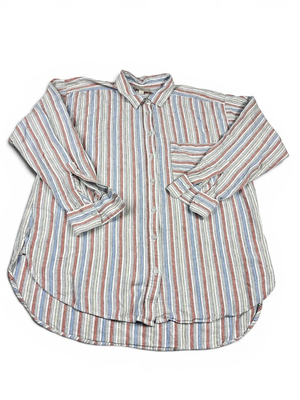 LOFT Boyfriend Fit Button Shirt Striped Breathable Linen Blend Layering Top L